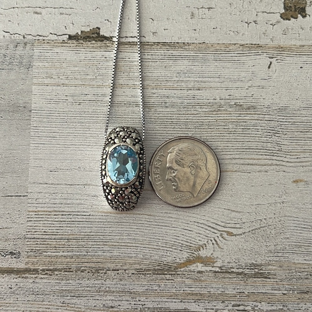 Sterling Silver Marcasite Blue Topaz Pendant Necklace - Picture 7 of 9